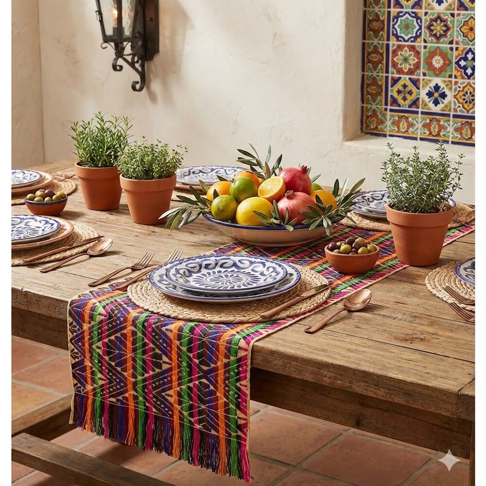 Handmade Multicolor Table Bed Console Dresser Runner Embroidery Geometric Linens